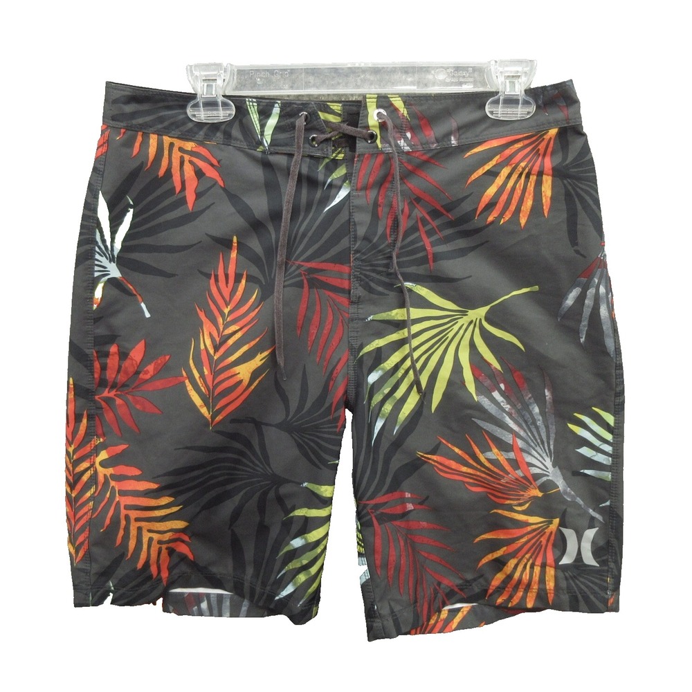 Hurley Men's Swim Board Shorts Size 30 Black Palm Tree Drawstring Back Pocket